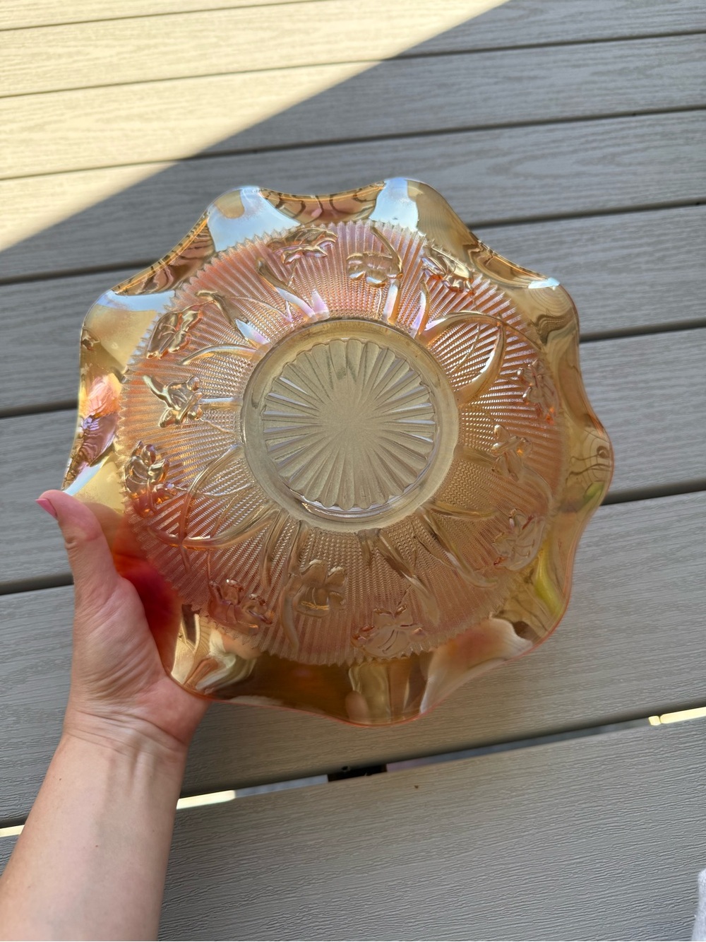 Vintage Jeanette Iris & Herringbone Marigold Iridescent Carnival Glass Bowl